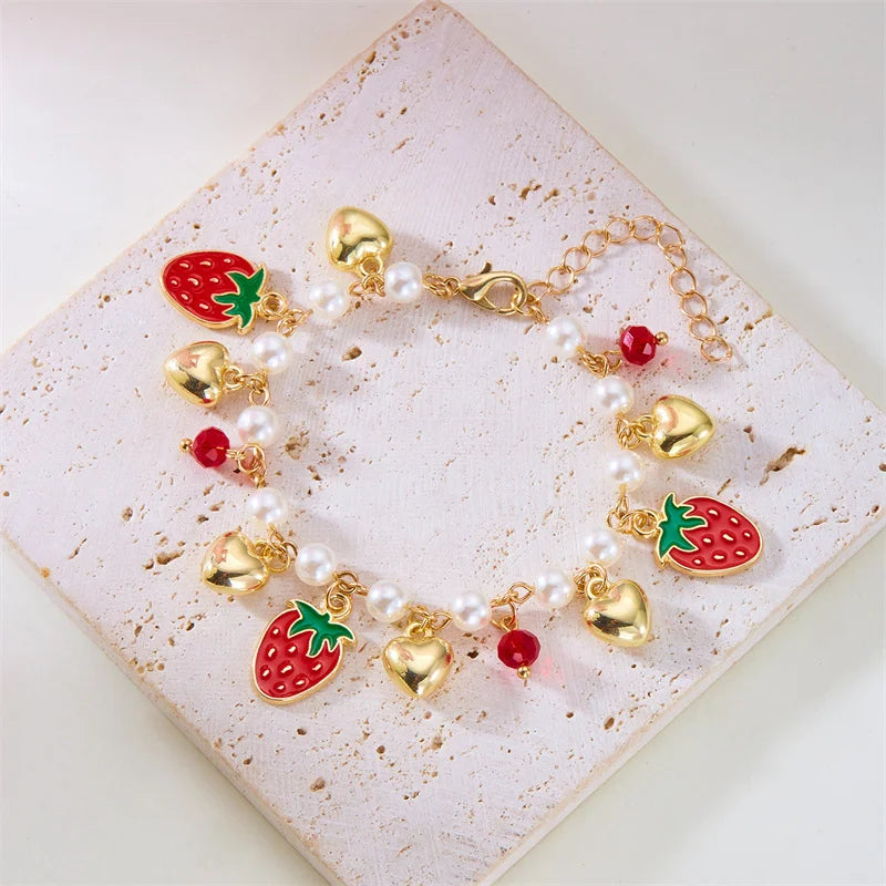 Red Strawberry Cherry Heart Pearl Charm Bracelet