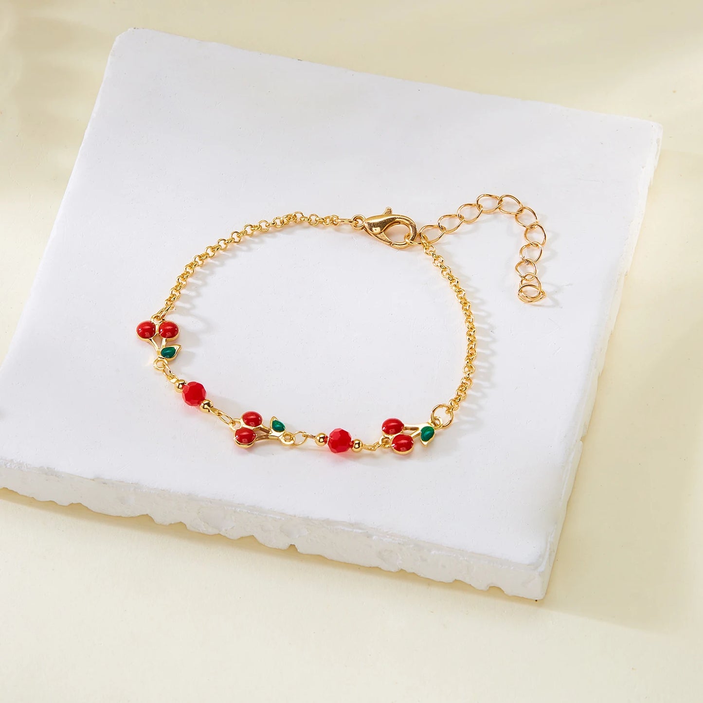 Red Strawberry Cherry Heart Pearl Charm Bracelet