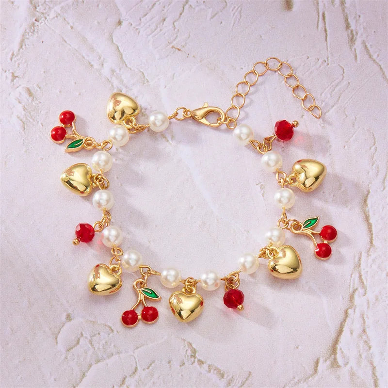 Red Strawberry Cherry Heart Pearl Charm Bracelet