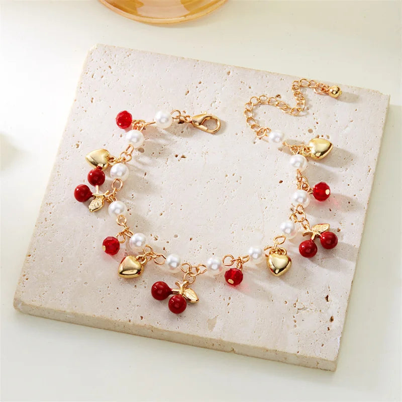 Red Strawberry Cherry Heart Pearl Charm Bracelet
