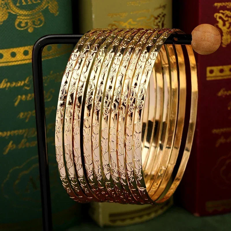 Slim Bangles Gold Plated Carved Flower Layered Cuff Bracelet