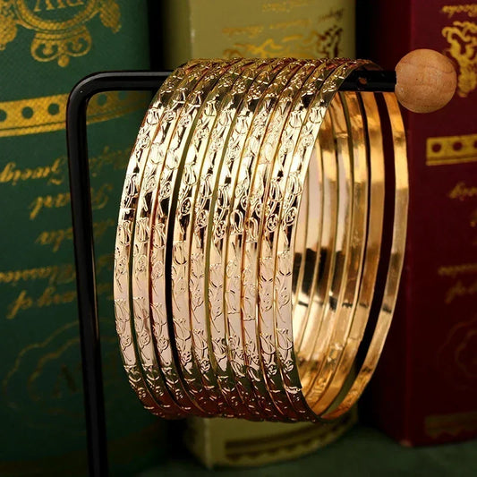 Slim Bangles Gold Plated Carved Flower Layered Cuff Bracelet
