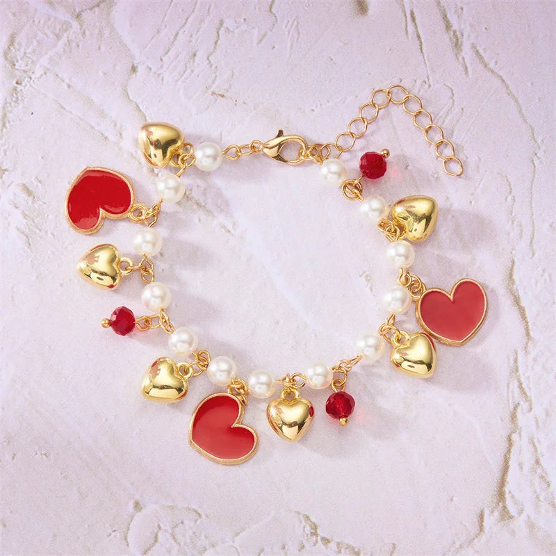 Red Strawberry Cherry Heart Pearl Charm Bracelet