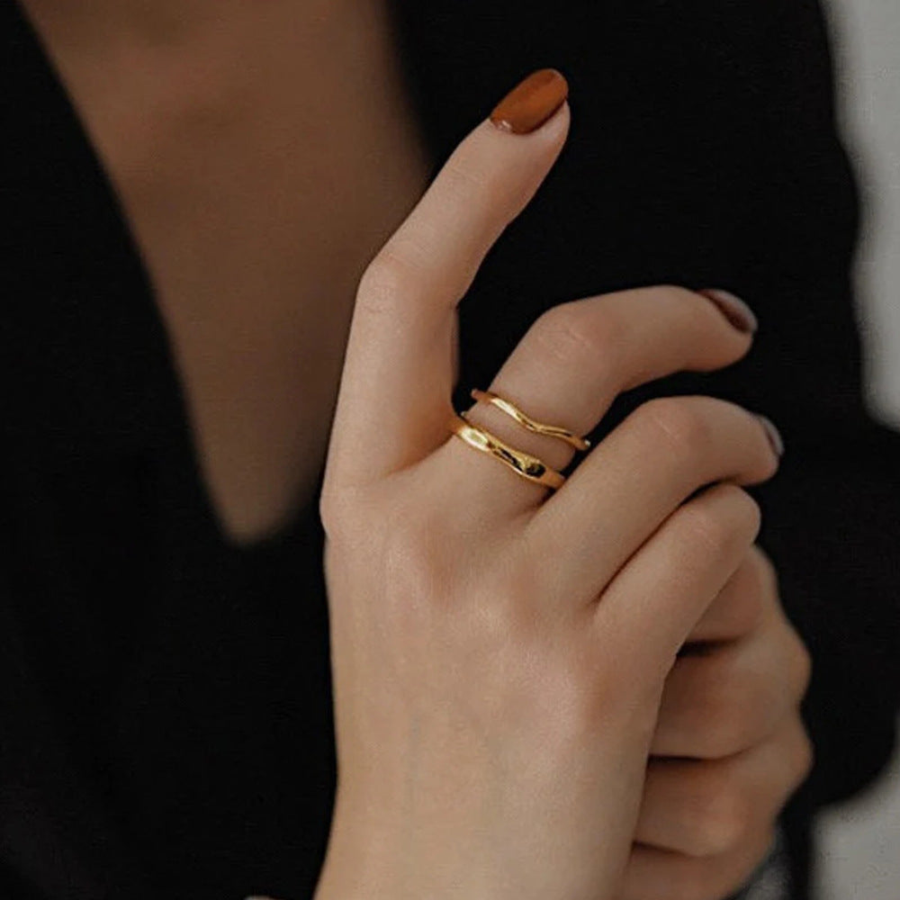 French Romantic Wavy Irregular Stainless Steel Plated 18K Gold Ring