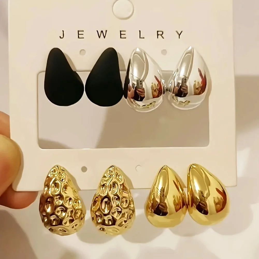 4Pair/Set Vintage Glossy Thick Acrylic Water Drop Stud Earrings