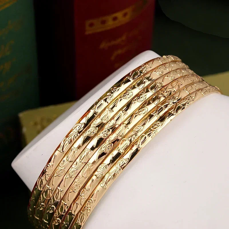 Slim Bangles Gold Plated Carved Flower Layered Cuff Bracelet
