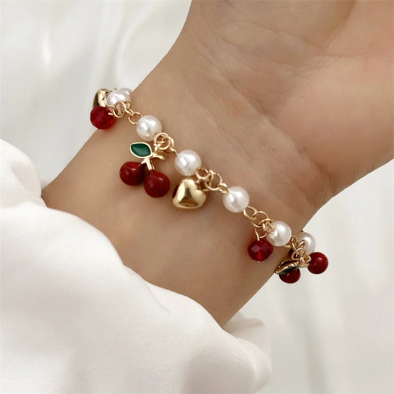 Red Strawberry Cherry Heart Pearl Charm Bracelet