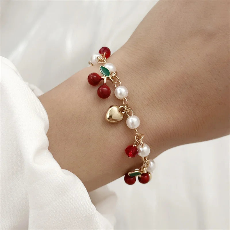 Red Strawberry Cherry Heart Pearl Charm Bracelet