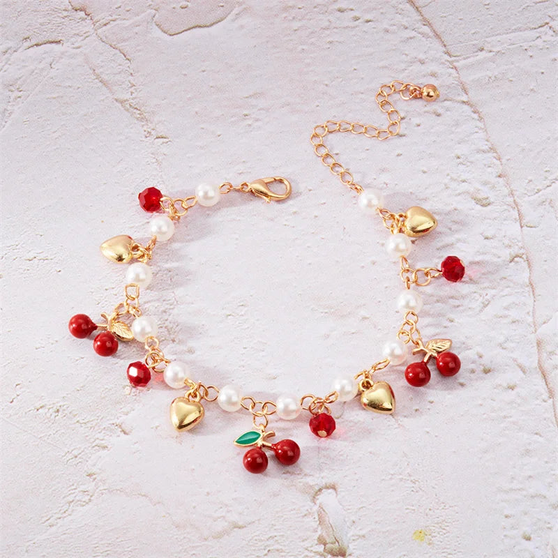 Red Strawberry Cherry Heart Pearl Charm Bracelet